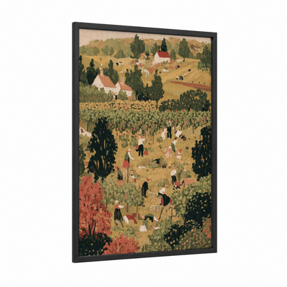 Harvest Vineyard framed vineyards print — black wood frame — gold and green palette
