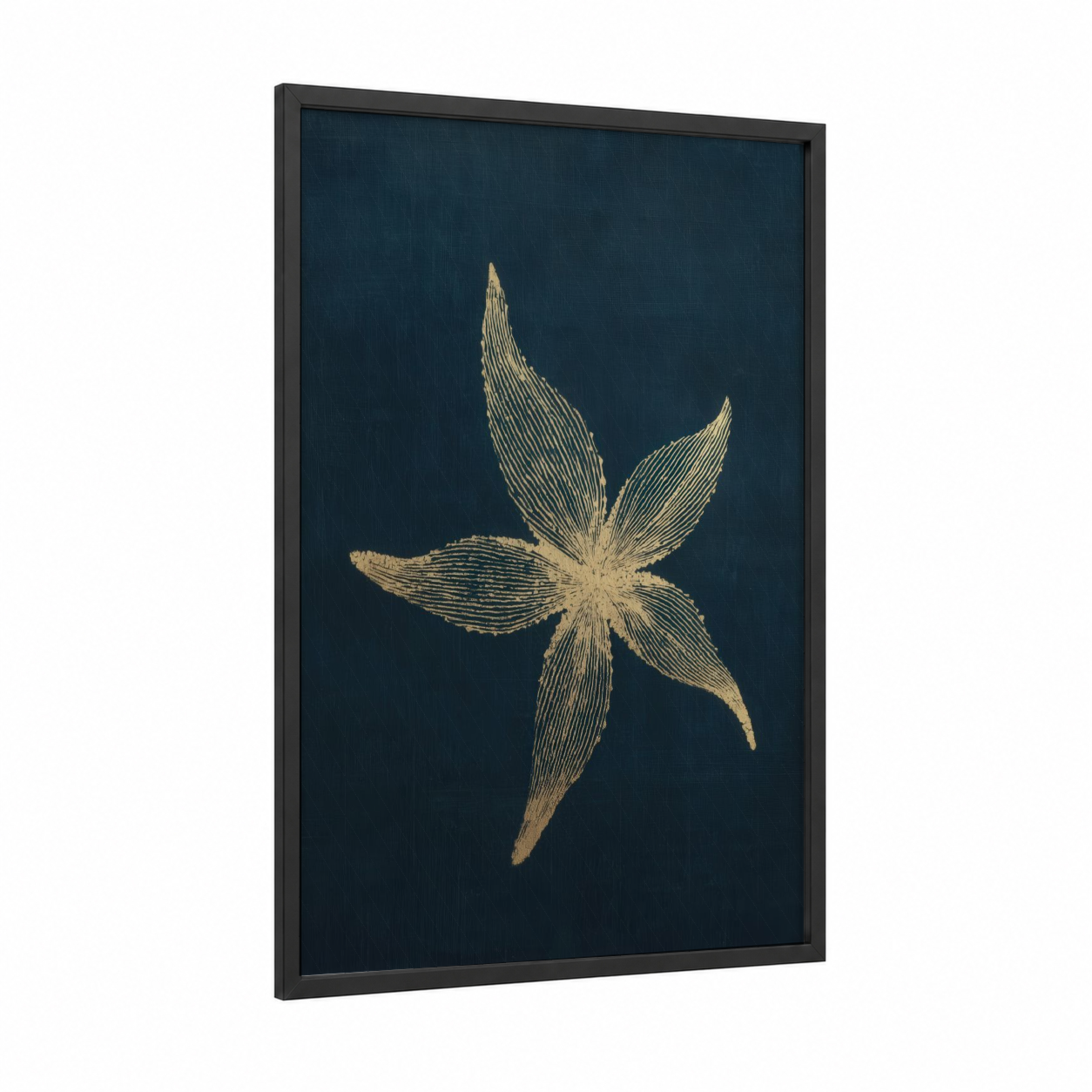 Golden Starfish framed art print — black wood frame — dark blue and gold palette