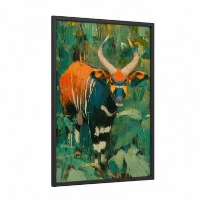 Golden Antelope framed art print — black wood frame — gold and teal palette