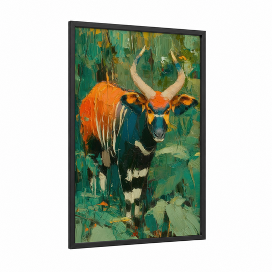 Golden Antelope framed art print — black wood frame — gold and teal palette