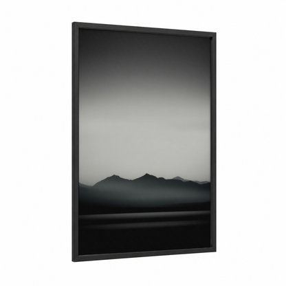 Misty Alpine Peaks framed alps print — black wood frame — black and white and gray palette