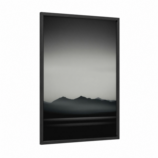 Misty Alpine Peaks framed alps print — black wood frame — black and white and gray palette