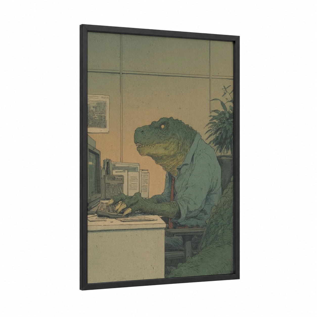 Office Dinosaur framed art print — black wood frame — sage green and beige palette