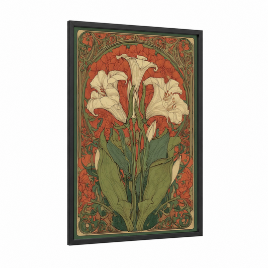 Cream Lily Blooms framed art print — black wood frame — cream palette