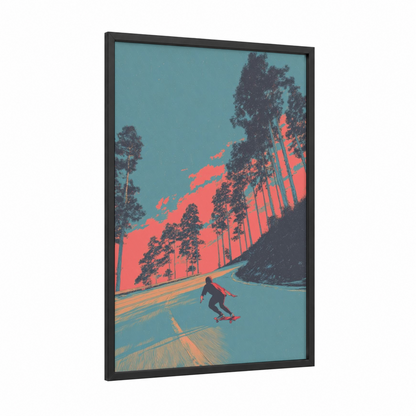 Neon Skater framed skateboarding print — black wood frame — turquoise and orange palette