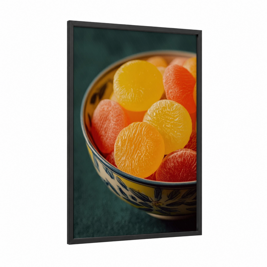 Citrus Gummies Bowl framed sweet print — black wood frame — gold and salmon pink palette