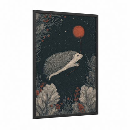 Starlit Hedgehog framed art print — black wood frame — dark blue and russet palette
