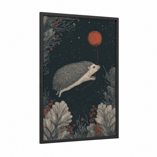 Starlit Hedgehog framed art print — black wood frame — dark blue and russet palette