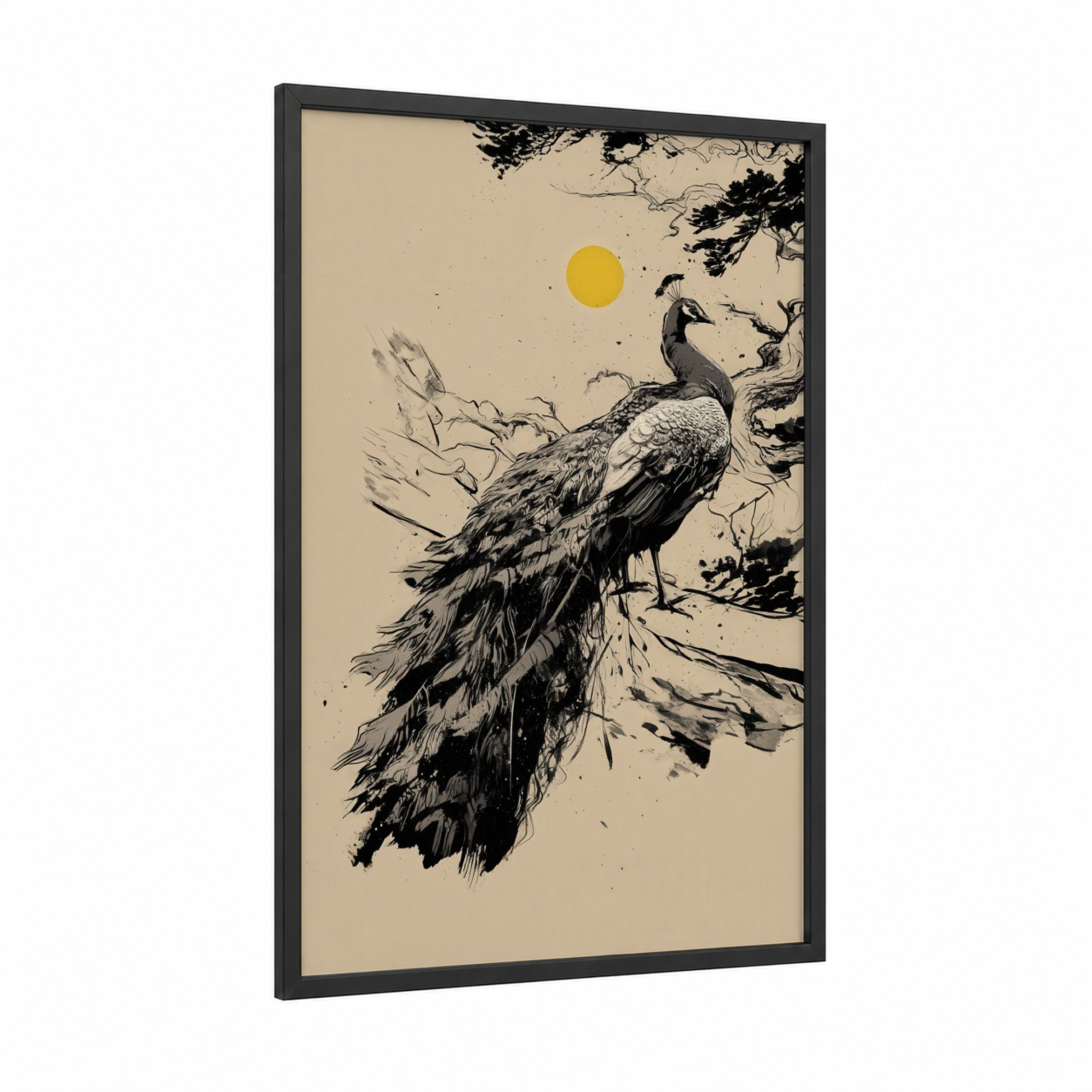 Golden Peacock framed art print — black wood frame — black and white and yellow gold palette