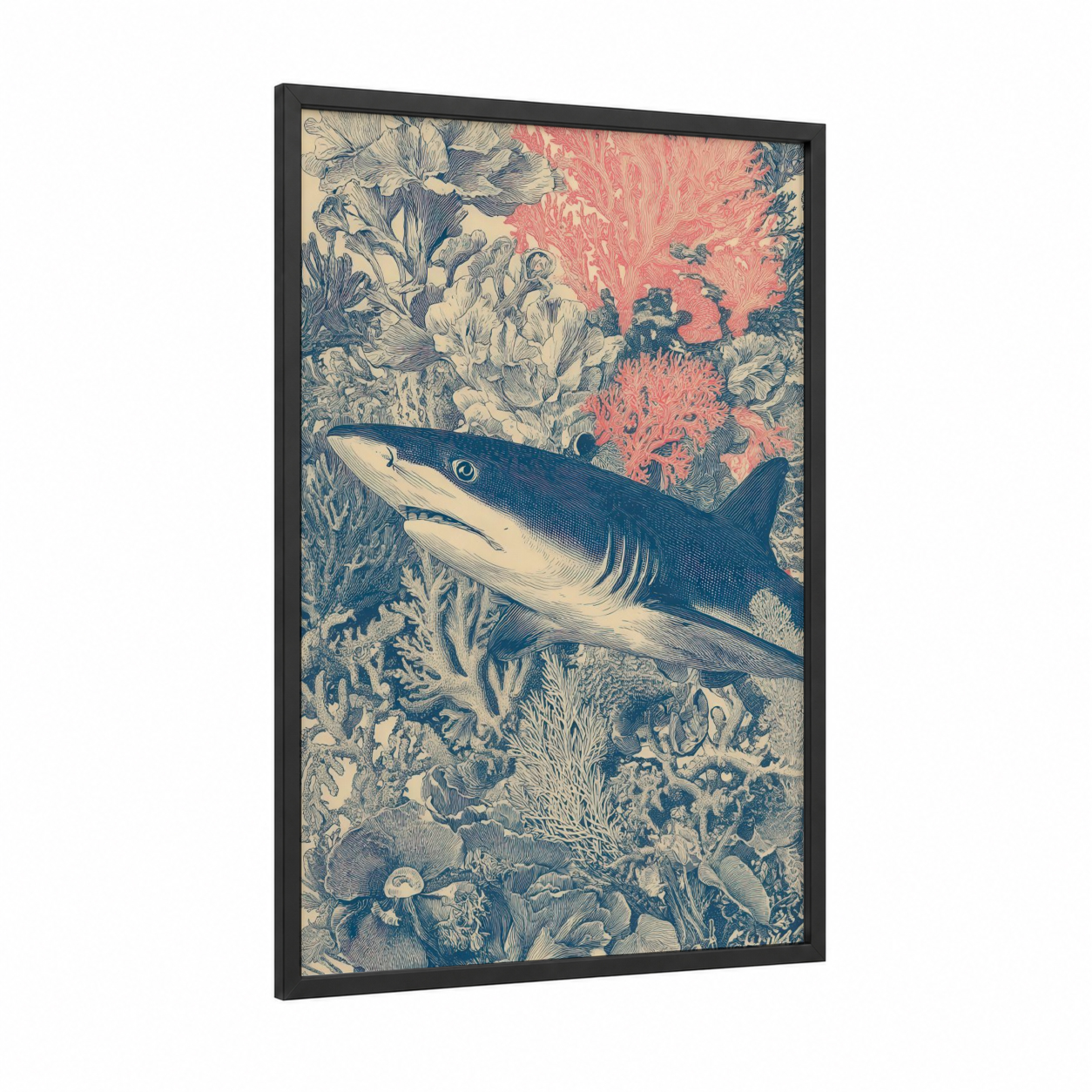 Blue Shark Coral framed art print — black wood frame — blue and cream palette
