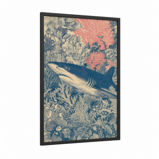 Blue Shark Coral framed art print — black wood frame — blue and cream palette