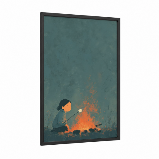 Campfire Solitude framed camping print — black wood frame — teal and orange palette