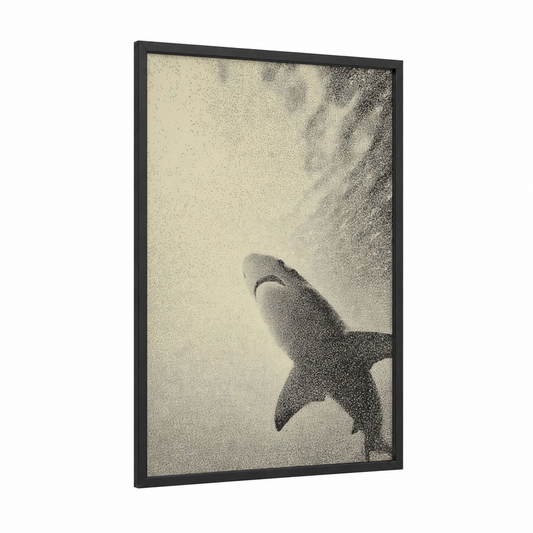 Basking Shark Ascent framed art print — black wood frame — black and white and beige palette