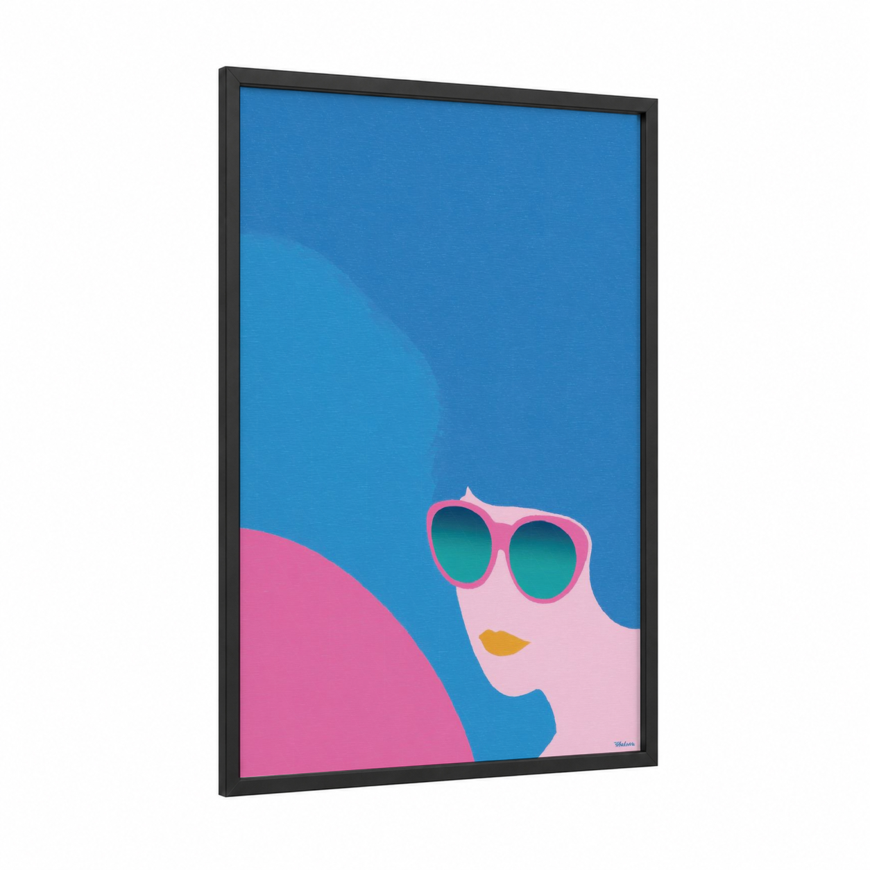 Retro Sunglasses Portrait framed fashion illustration print — black wood frame — blue and pink palette
