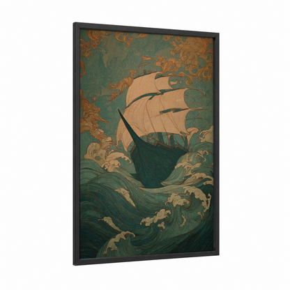 Stormy Sailing Ship framed art print — black wood frame — teal and gold palette