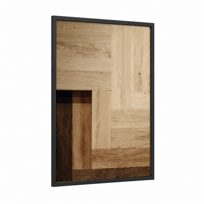 Travertine Layers framed natural stones print — black wood frame — beige and brown palette