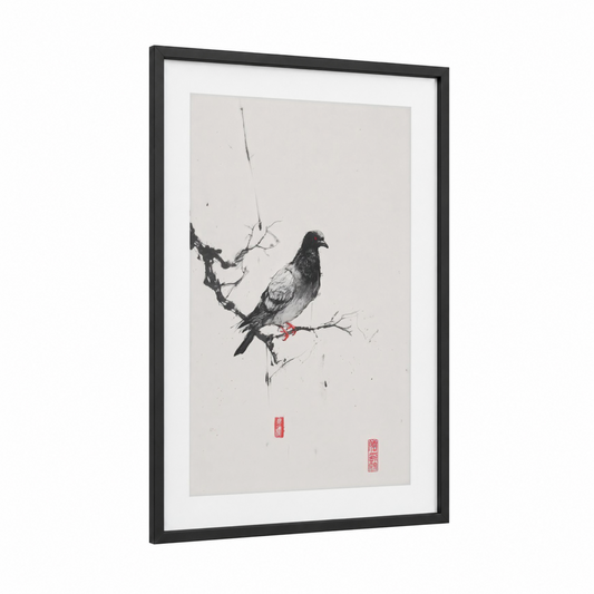 Perched Pigeon framed art print — black wood frame — black and white and gray palette