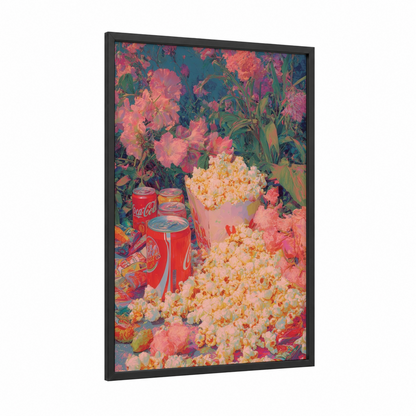 Floral Popcorn Dream framed art print — black wood frame — pink and teal palette