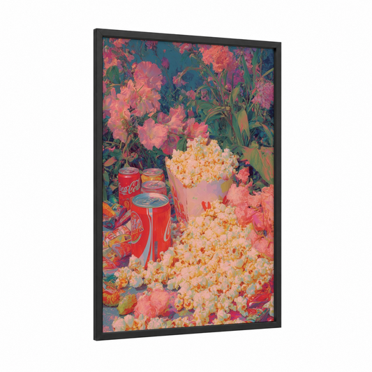Floral Popcorn Dream framed art print — black wood frame — pink and teal palette