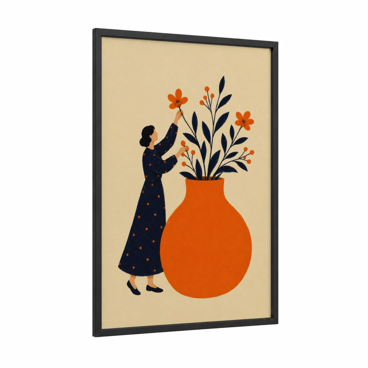 Woman With Floral Vase Wall Art framed flower print — black wood frame — orange and beige palette