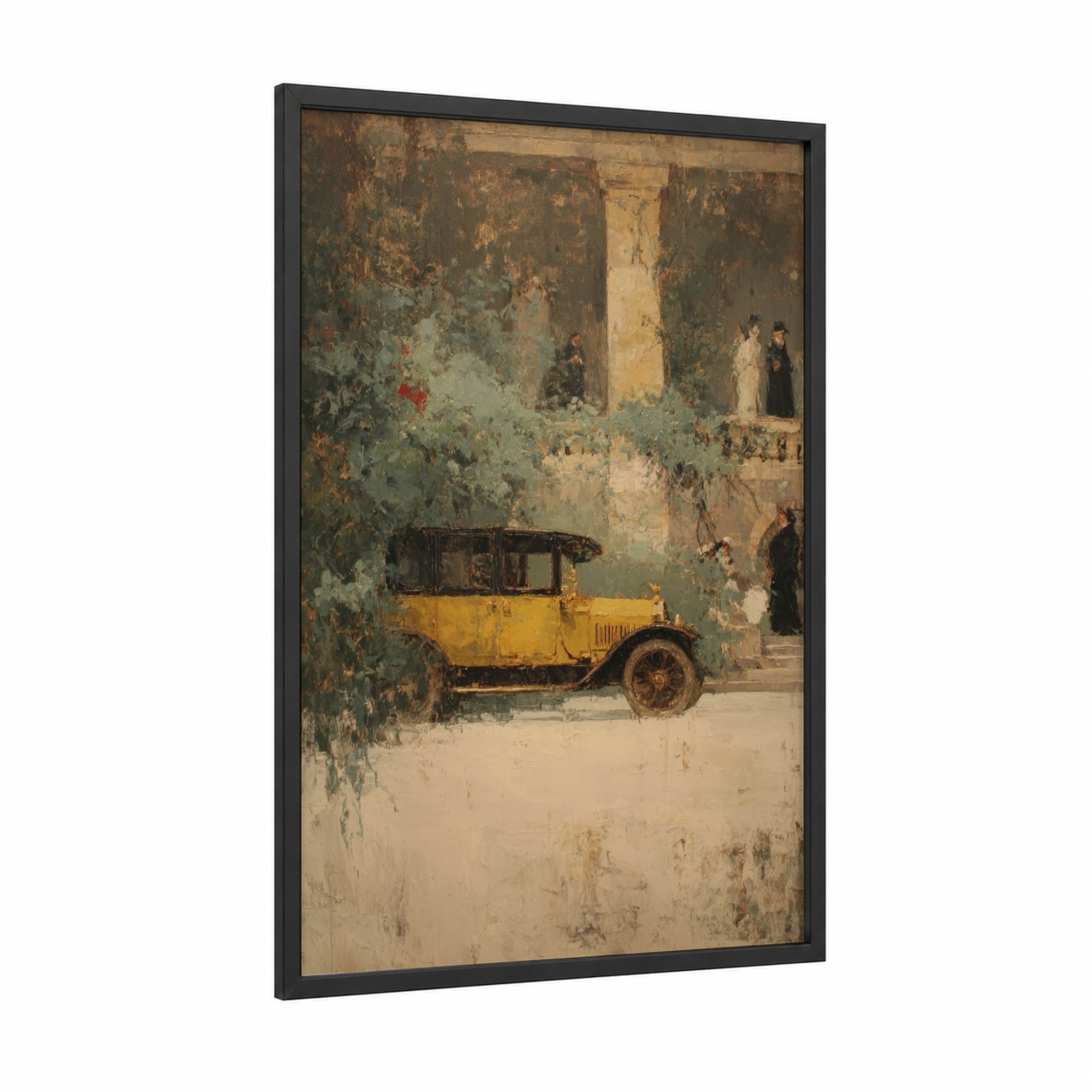 Vintage Yellow Cab framed taxi cab print — black wood frame — gold and dove gray palette