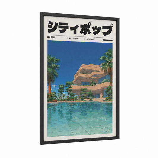 Retro Villa Poolside framed anime and manga print — black wood frame — blue and gold palette