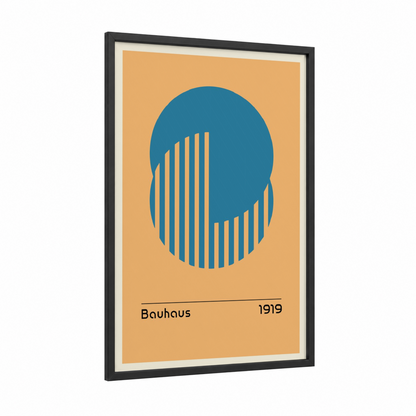 Bauhaus Portrait framed abstract geometric print — black wood frame — teal and peach palette