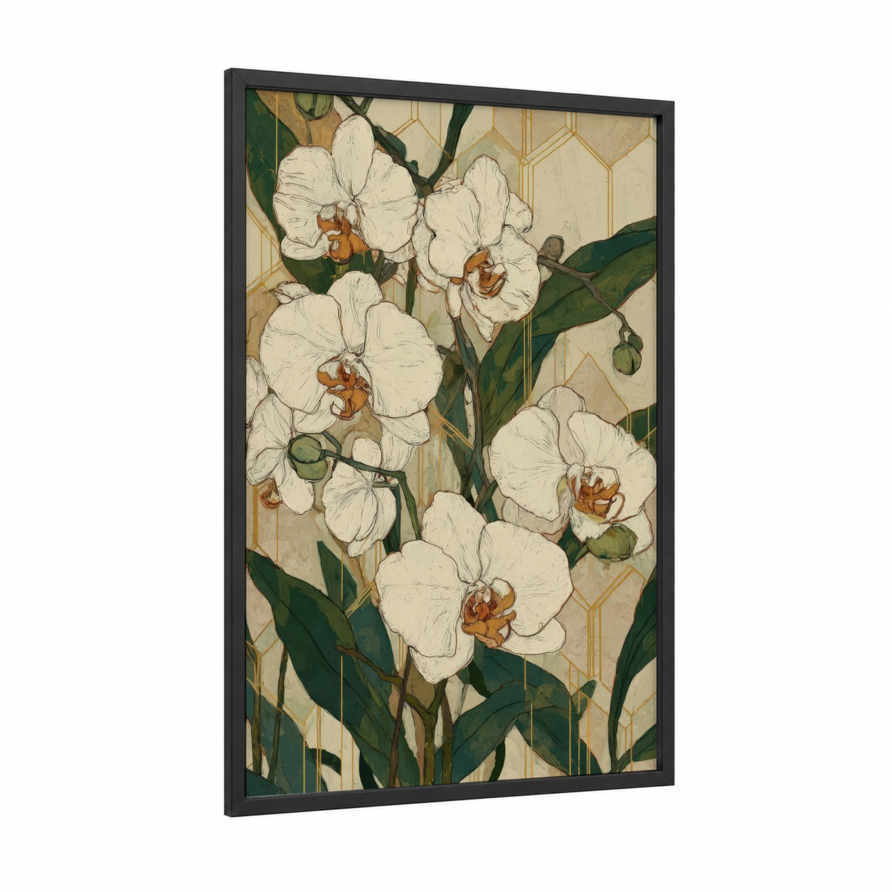 Cream Orchid Elegance framed art print — black wood frame — cream and gold palette