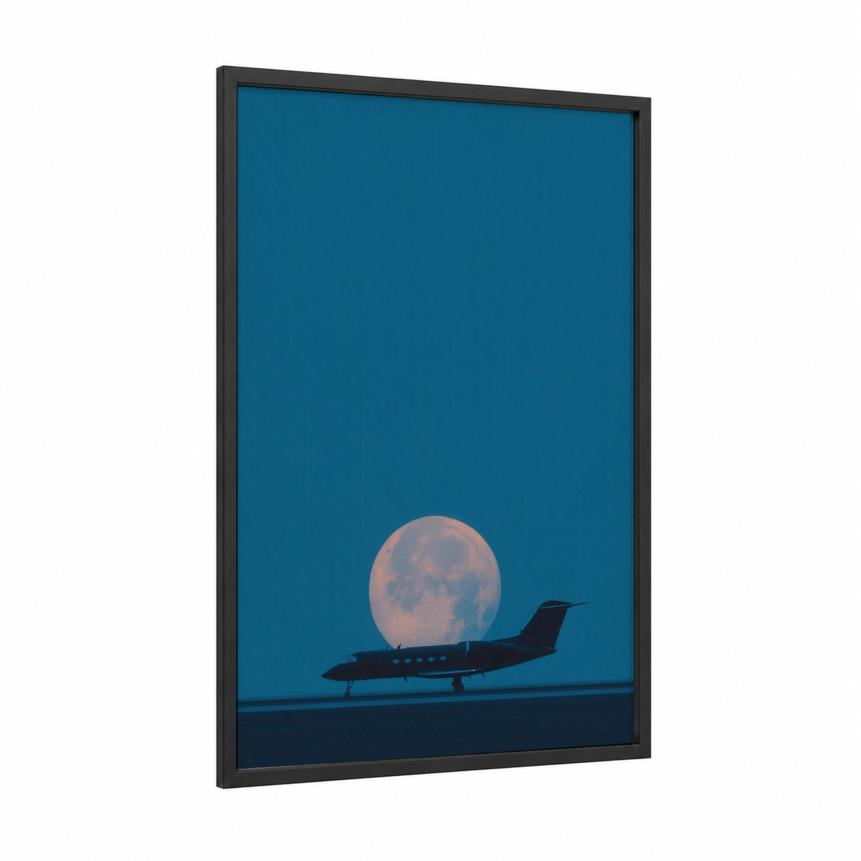 Moonlit Jet framed private jet print — black wood frame — dark blue and blue and white palette