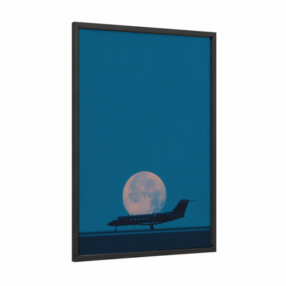 Moonlit Jet framed private jet print — black wood frame — dark blue and blue and white palette