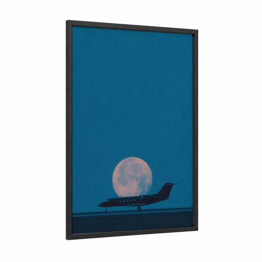 Moonlit Jet framed private jet print — black wood frame — dark blue and blue and white palette