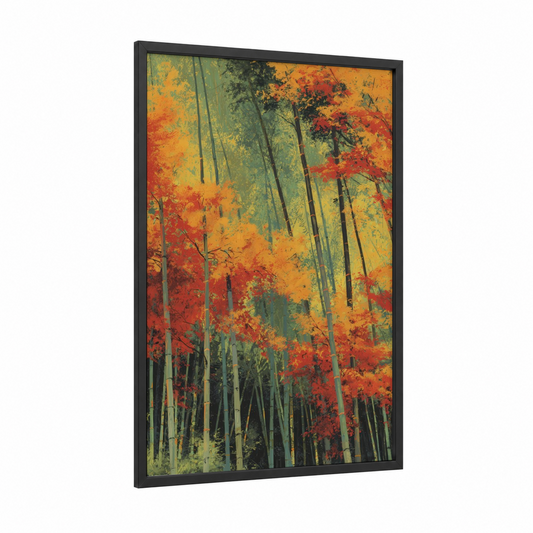 Autumn Bamboo Forest framed art print — black wood frame — orange and green palette