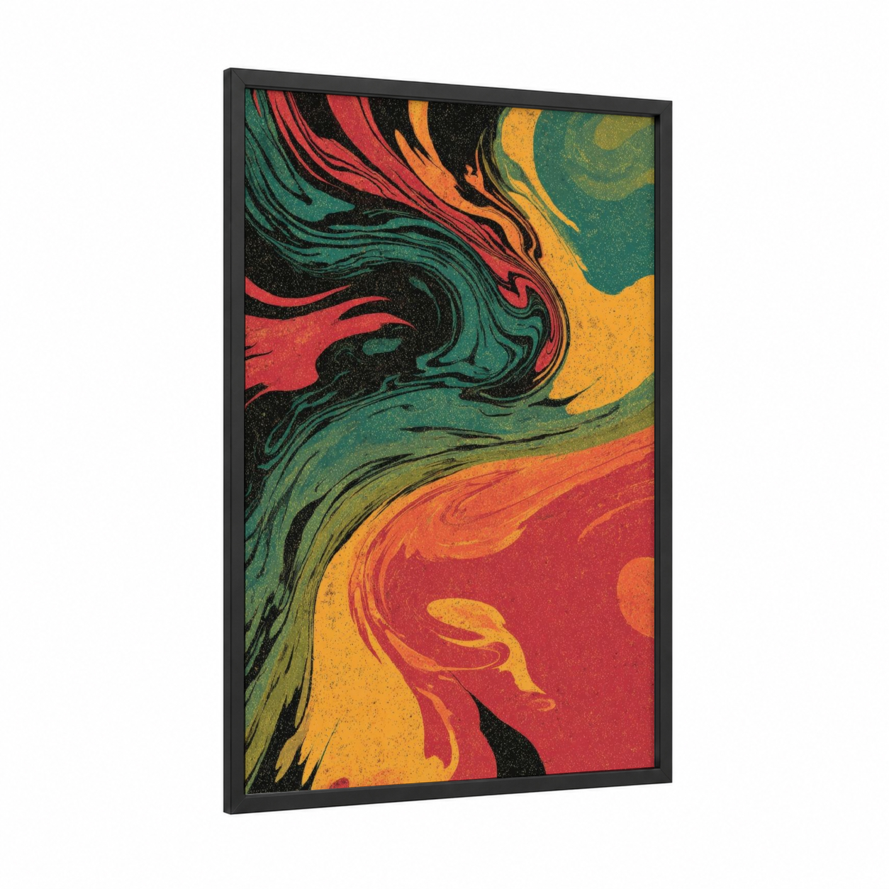 Crimson Flow framed abstract expressionism print — black wood frame — red and dark green palette