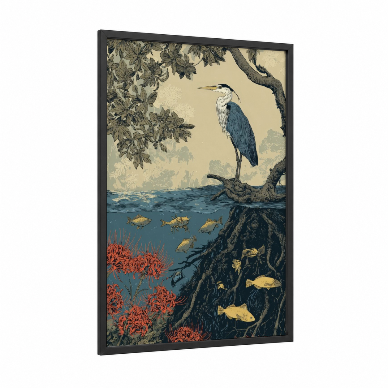 Riverside Heron framed mangrove print — black wood frame — cream and teal palette