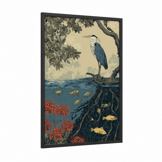Riverside Heron framed mangrove print — black wood frame — cream and teal palette