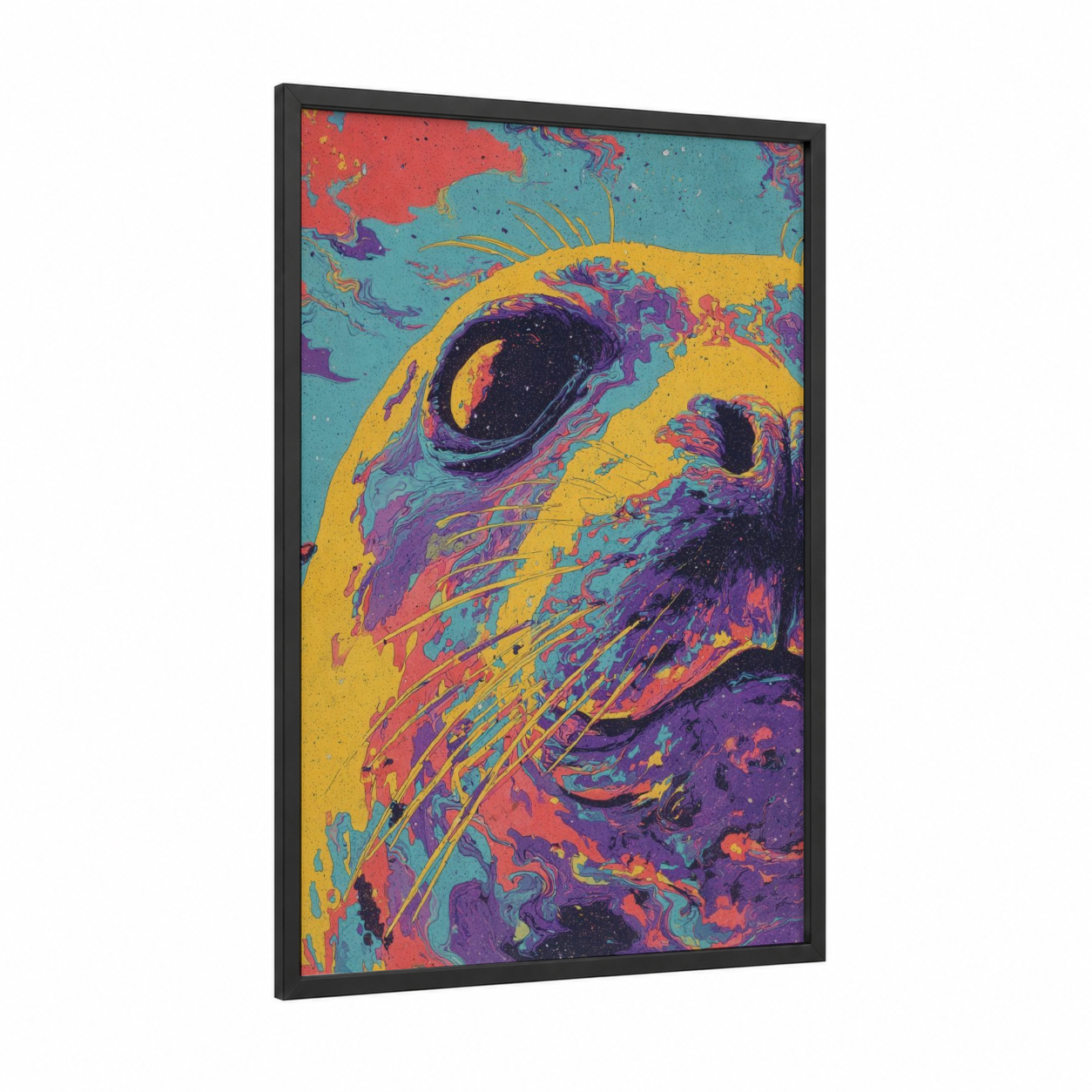 Seal framed art print — black wood frame — magenta and turquoise palette