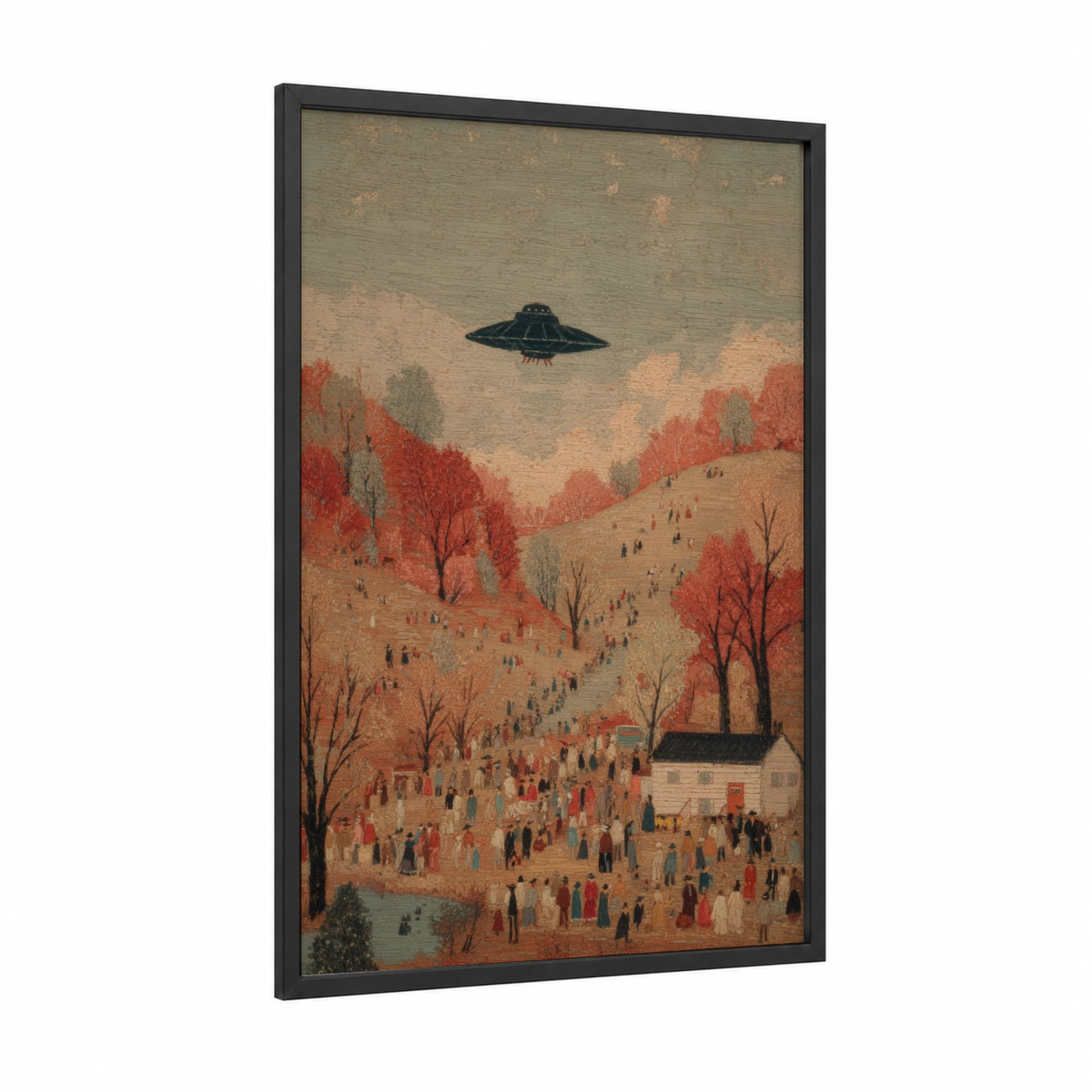 Autumn UFO Landing framed art print — black wood frame — russet and sage green palette