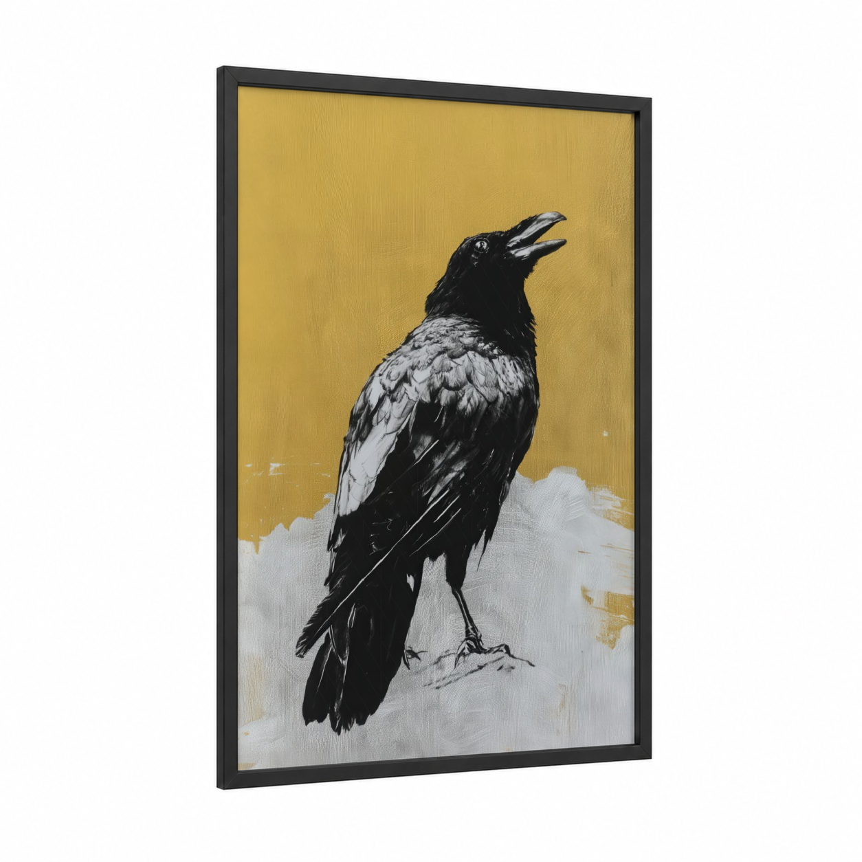 Golden Raven framed crows and ravens print — black wood frame — gold and black and white palette