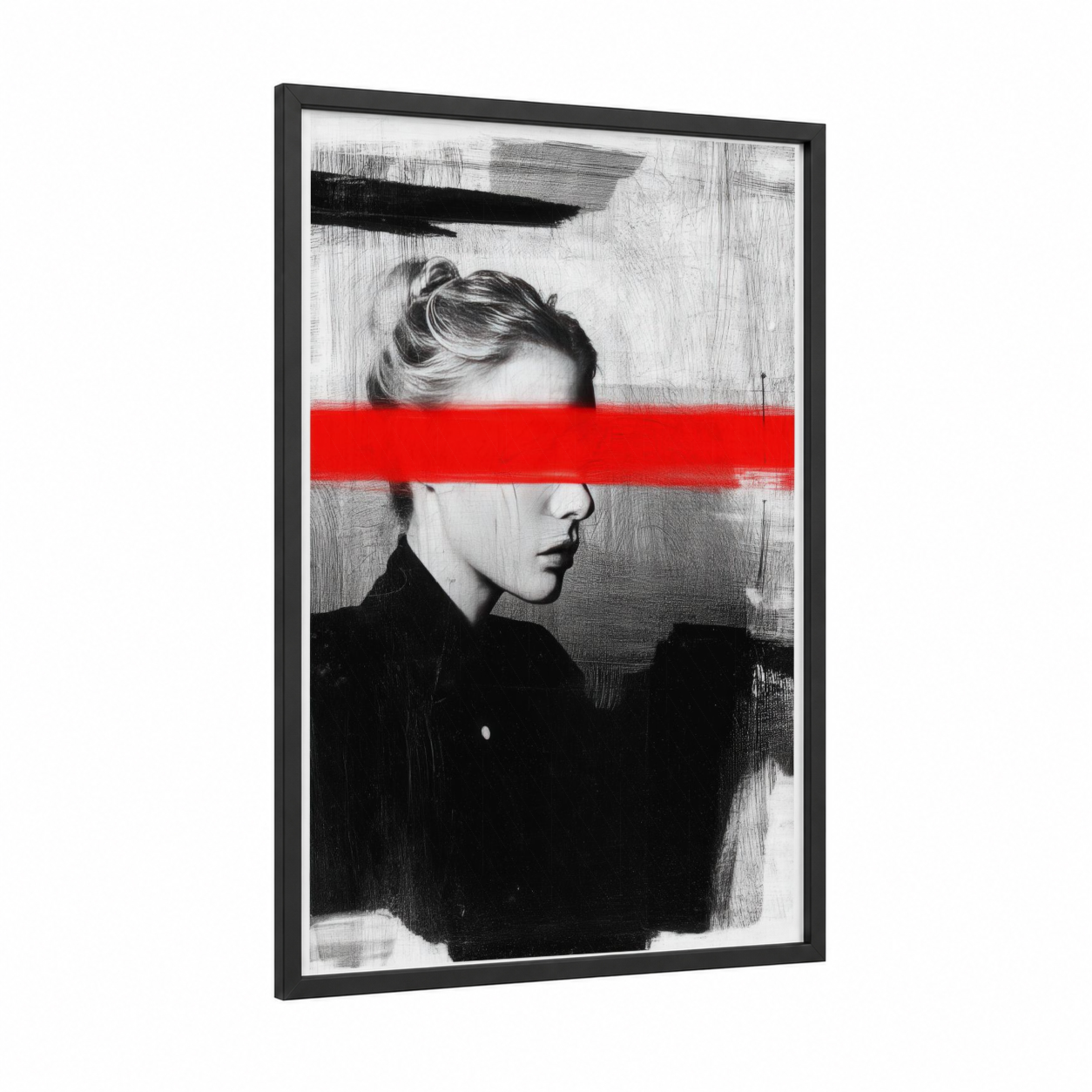 Red Stripe Portrait framed abstract classic print — black wood frame — black and white and red palette