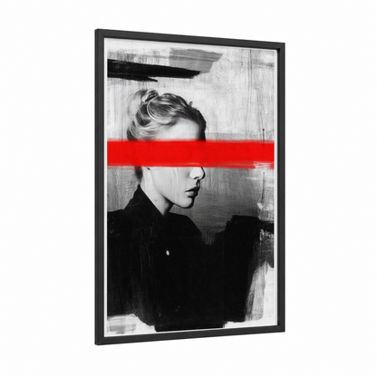 Red Stripe Portrait framed abstract classic print — black wood frame — black and white and red palette