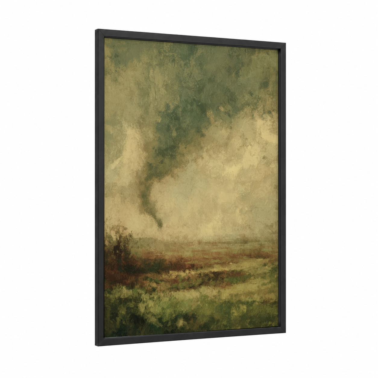 Stormy Tornado framed art print — black wood frame — sage green and cream palette