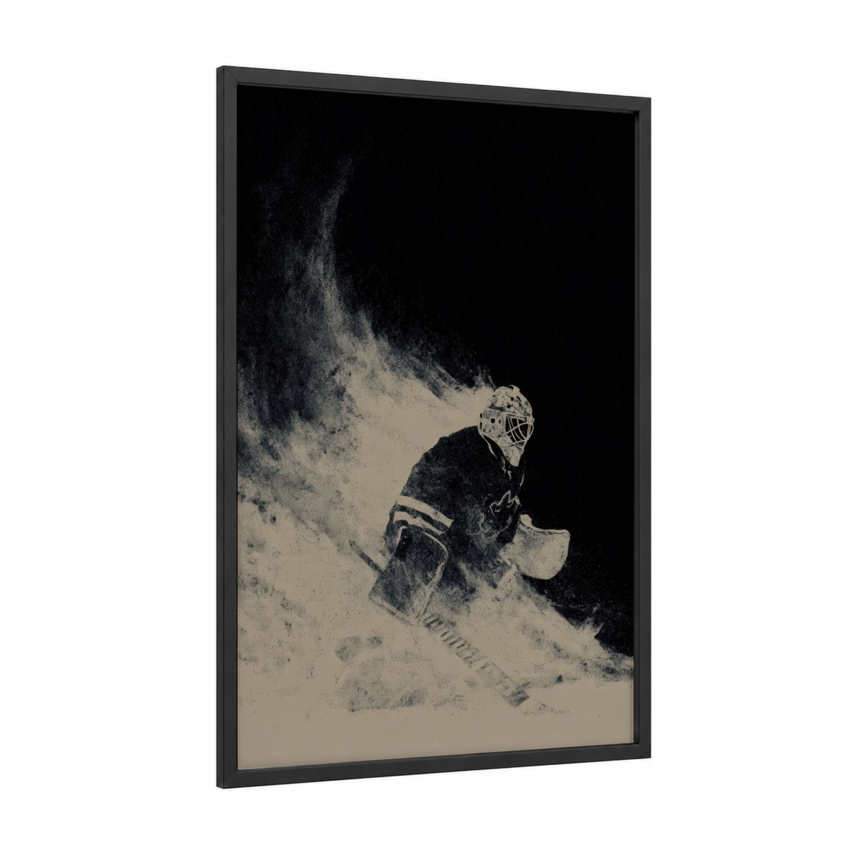 Snowy Goalie framed ice hockey print — black wood frame — black and white and beige palette