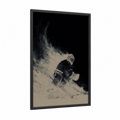 Snowy Goalie framed ice hockey print — black wood frame — black and white and beige palette