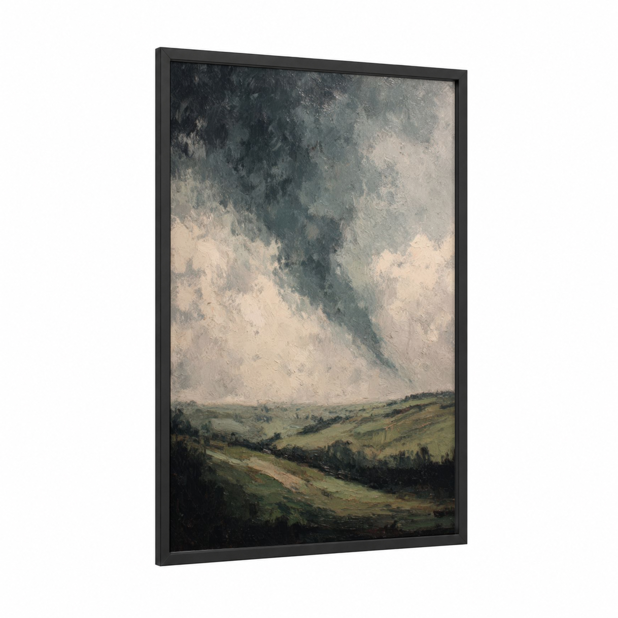 Stormy Tornado Landscape framed art print — black wood frame — gray and white and true green palette