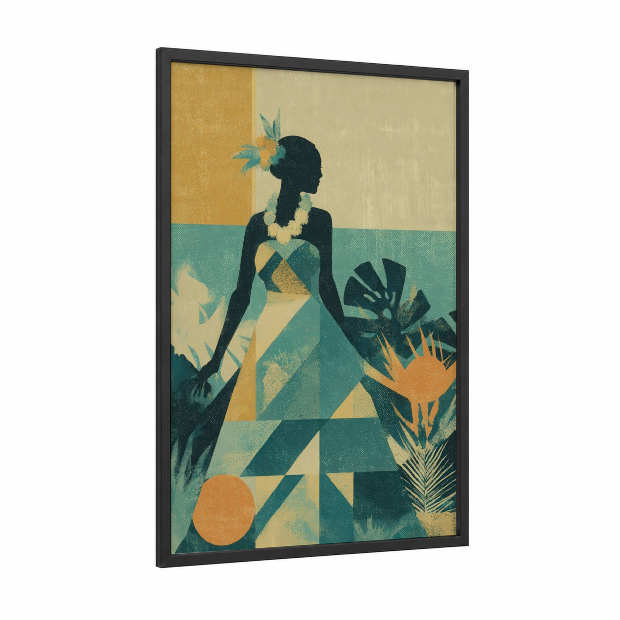 Tropical Hula Dancer framed art print — black wood frame — gold and teal palette