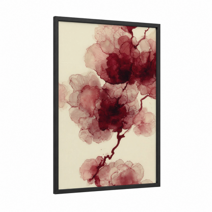 Crimson Wine Bloom framed red wine print — black wood frame — maroon and cream palette