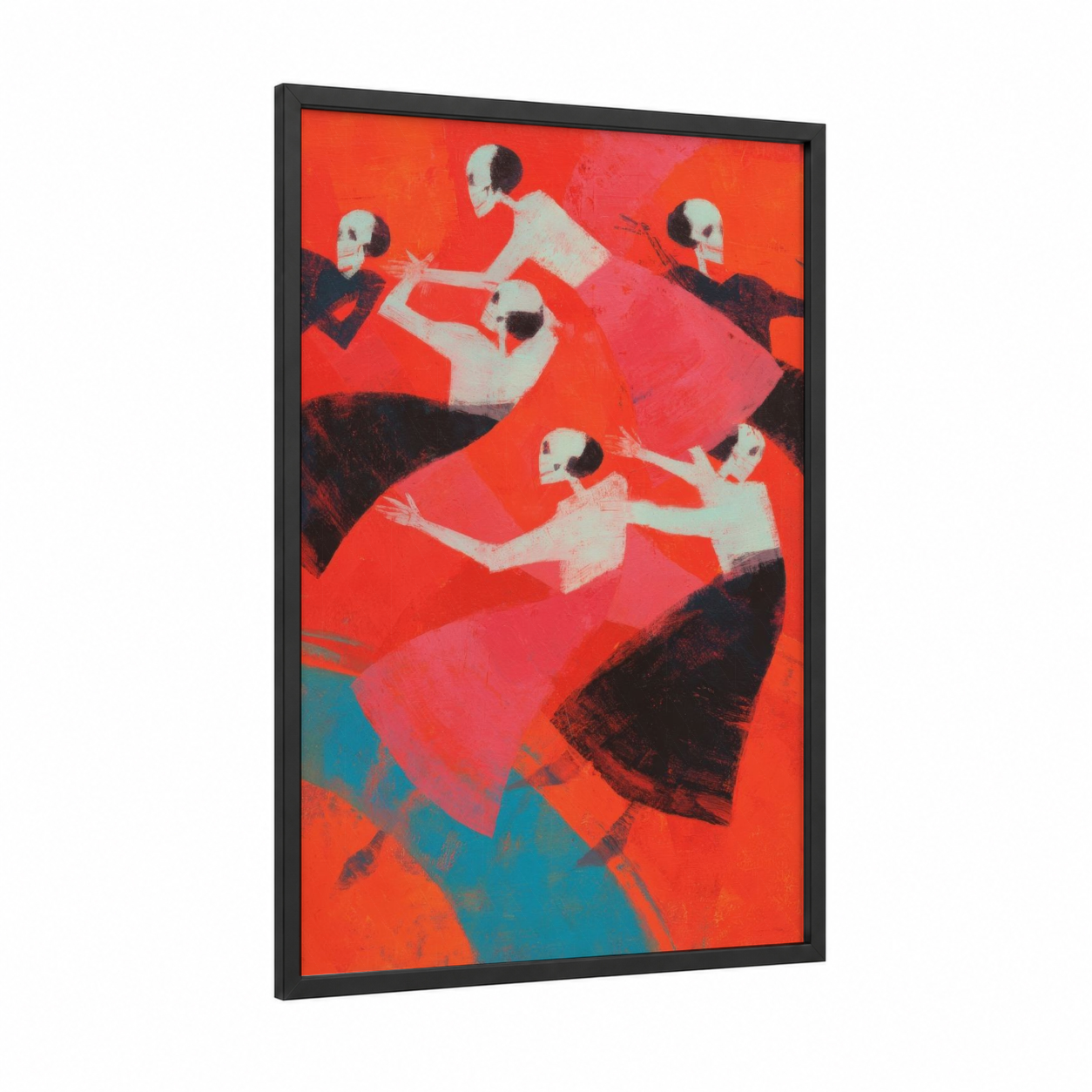 Skeletal Dancers framed dia de los muertos print — black wood frame — red and teal palette