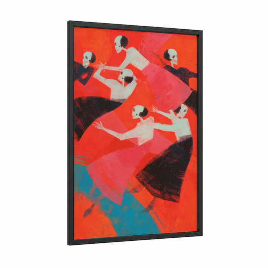 Skeletal Dancers framed dia de los muertos print — black wood frame — red and teal palette