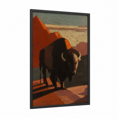 Desert Bison framed art print — black wood frame — orange and black palette