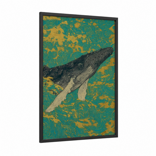 Golden Wave Whale framed gray whale print — black wood frame — gold and teal palette